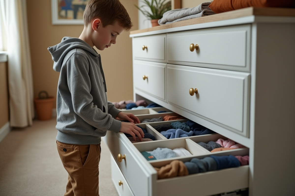 Adolescent organisant ses vêtements dans une commode blanche