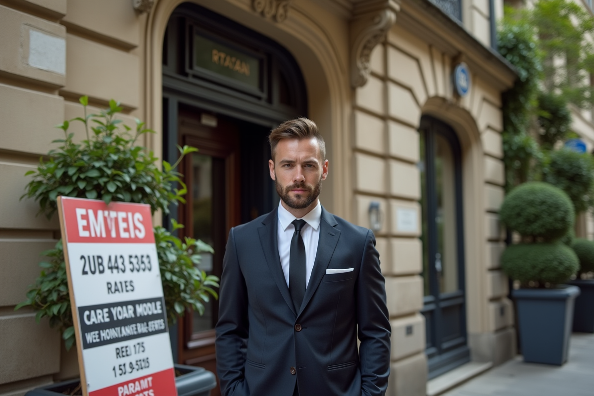 Jeune agent immobilier devant une façade parisienne classique