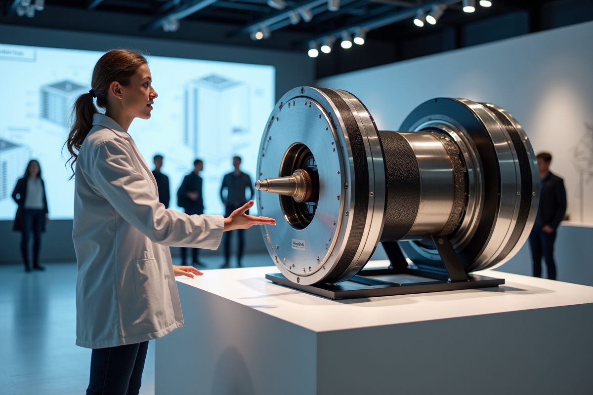 Jeune chercheuse expliquant un moteur Tesla en exposition