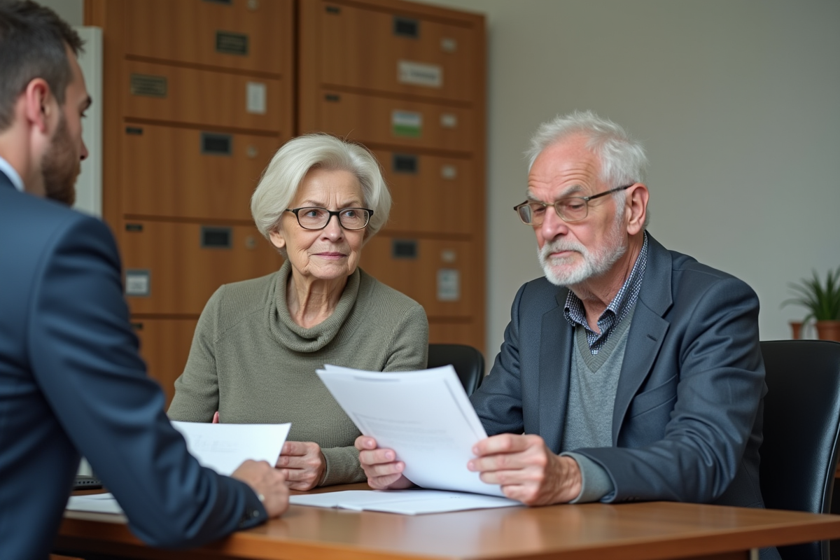 Couple retraité discutant de documents dans un bureau public
