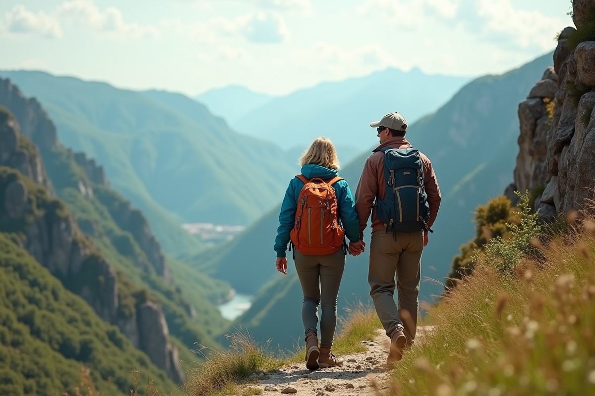 Couple en randonnée contemplant la vallée verdoyante