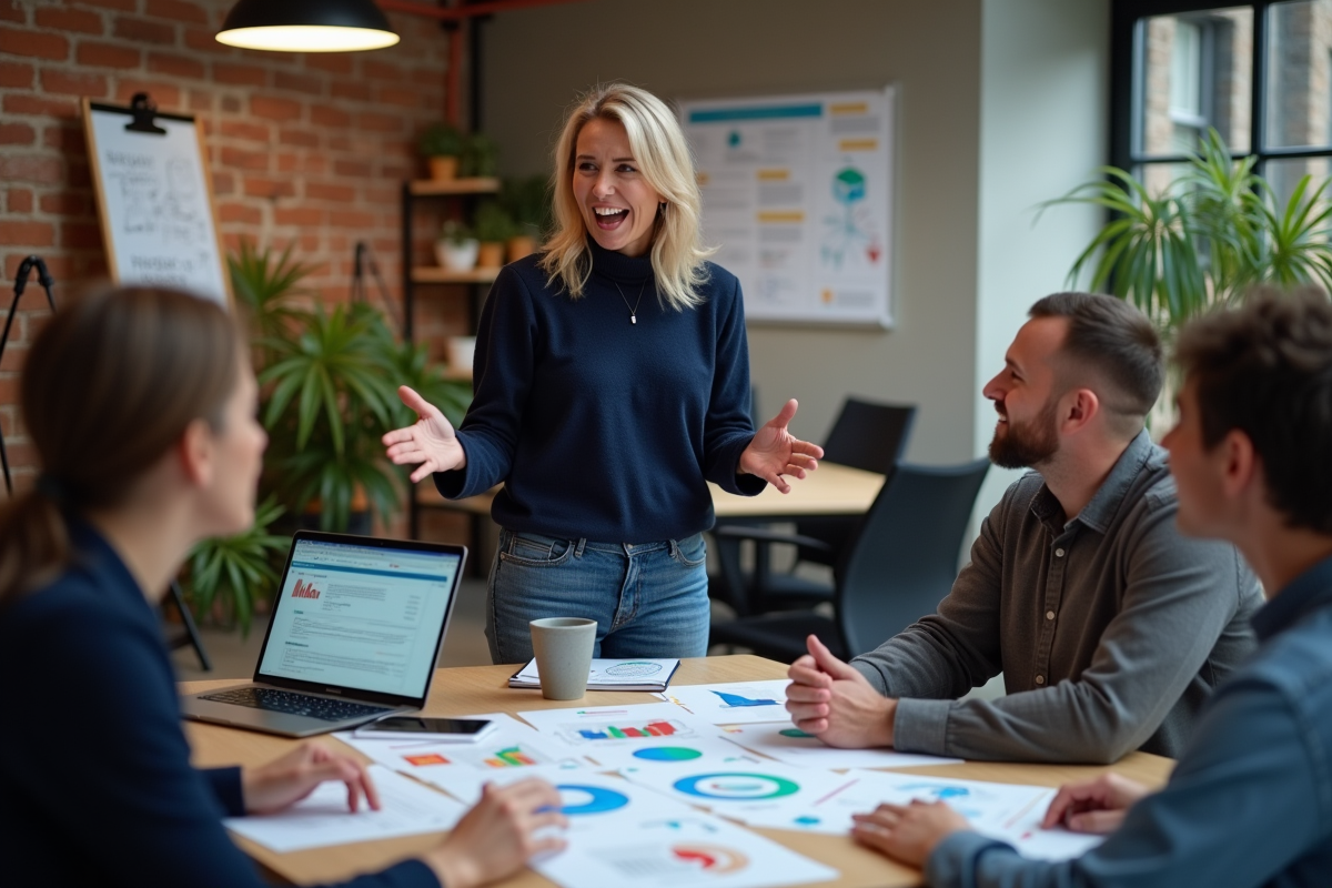 Femme en sweater anime discussion avec collègues