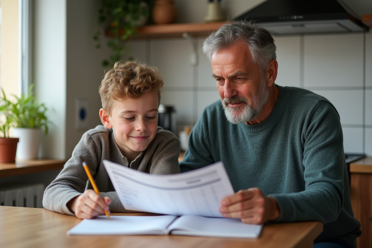 Pere et fils discutant de finances autour d une table de cuisine