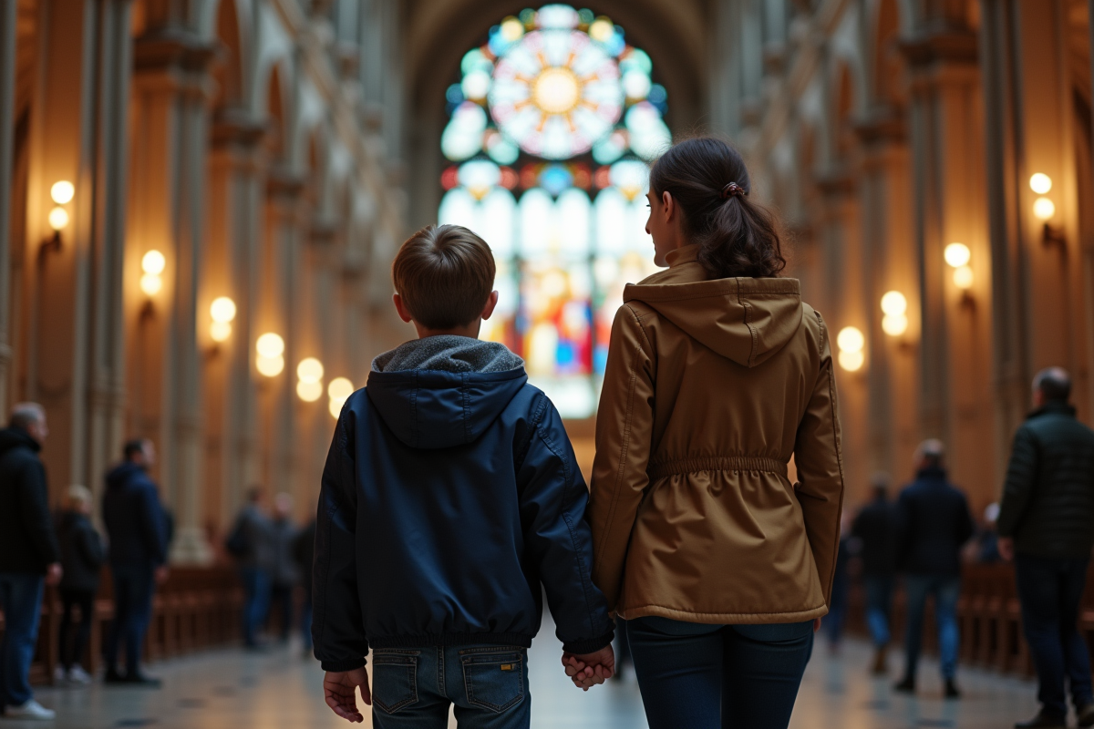 Jeune garçon regardant la cathédrale Notre Dame en intérieur