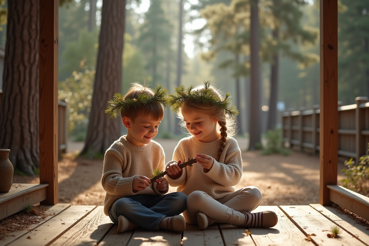 Enfants créant des couronnes de pin sur la terrasse