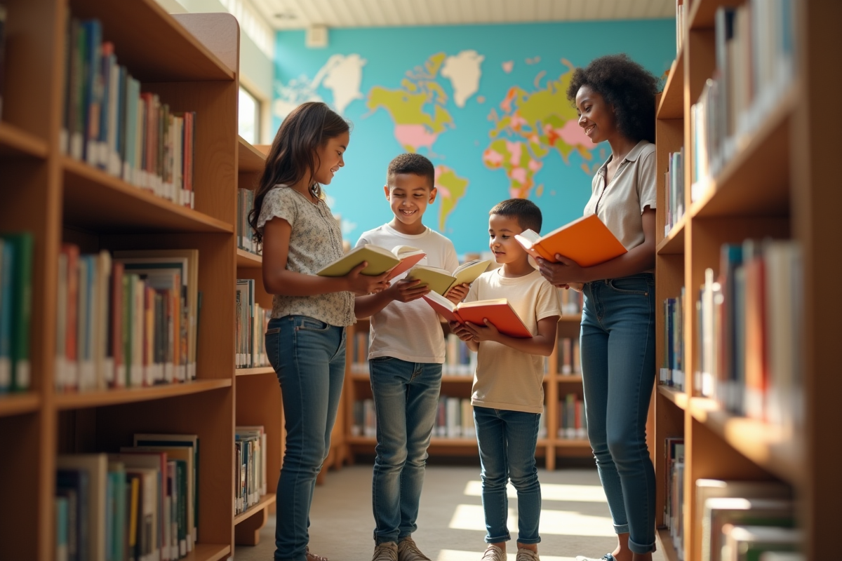 Enfants et adultes dans une bibliothèque communautaire en plein jour