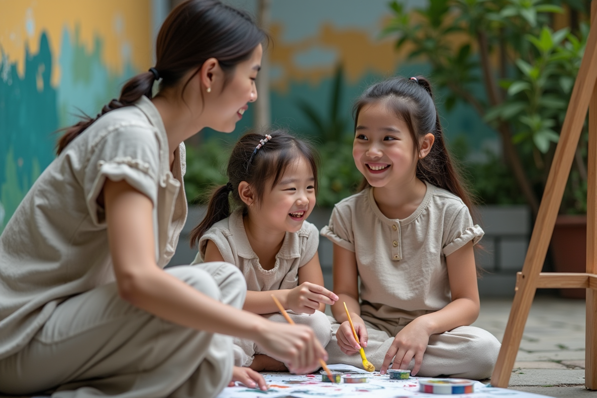 Professeure aidant deux élèves à peindre dans la cour de l