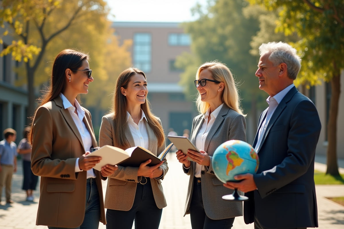 Enseignants en extérieur discutant avec objets éducatifs