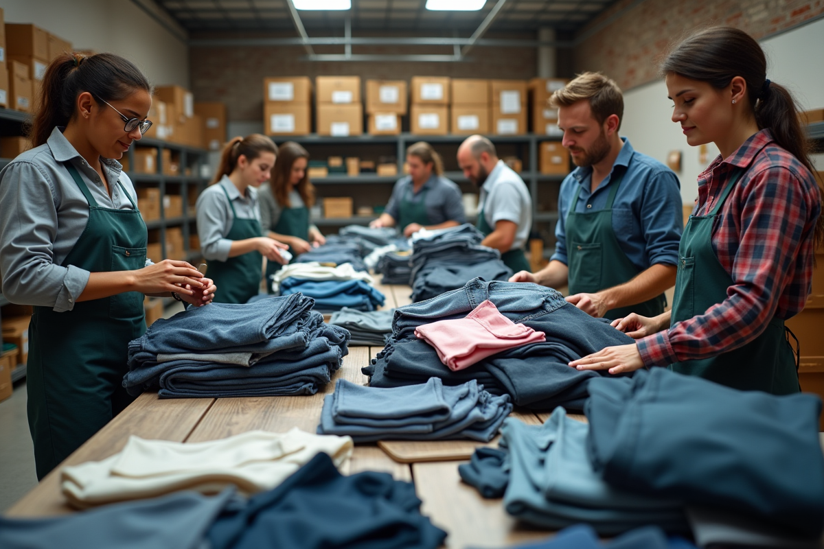 Groupe de salariés triant des vêtements dans un atelier de upcycling