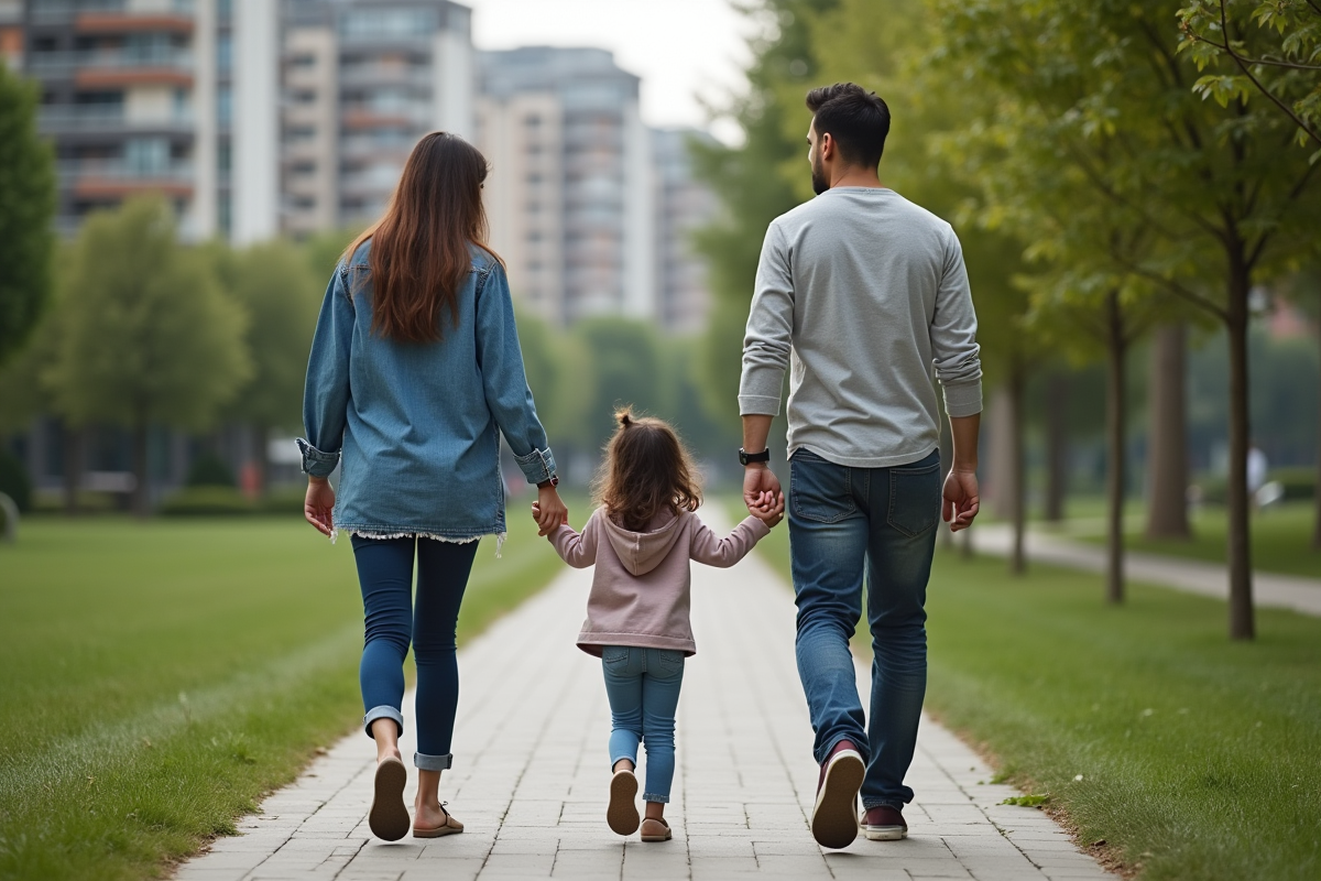 Famille immigrante marchant dans un parc urbain