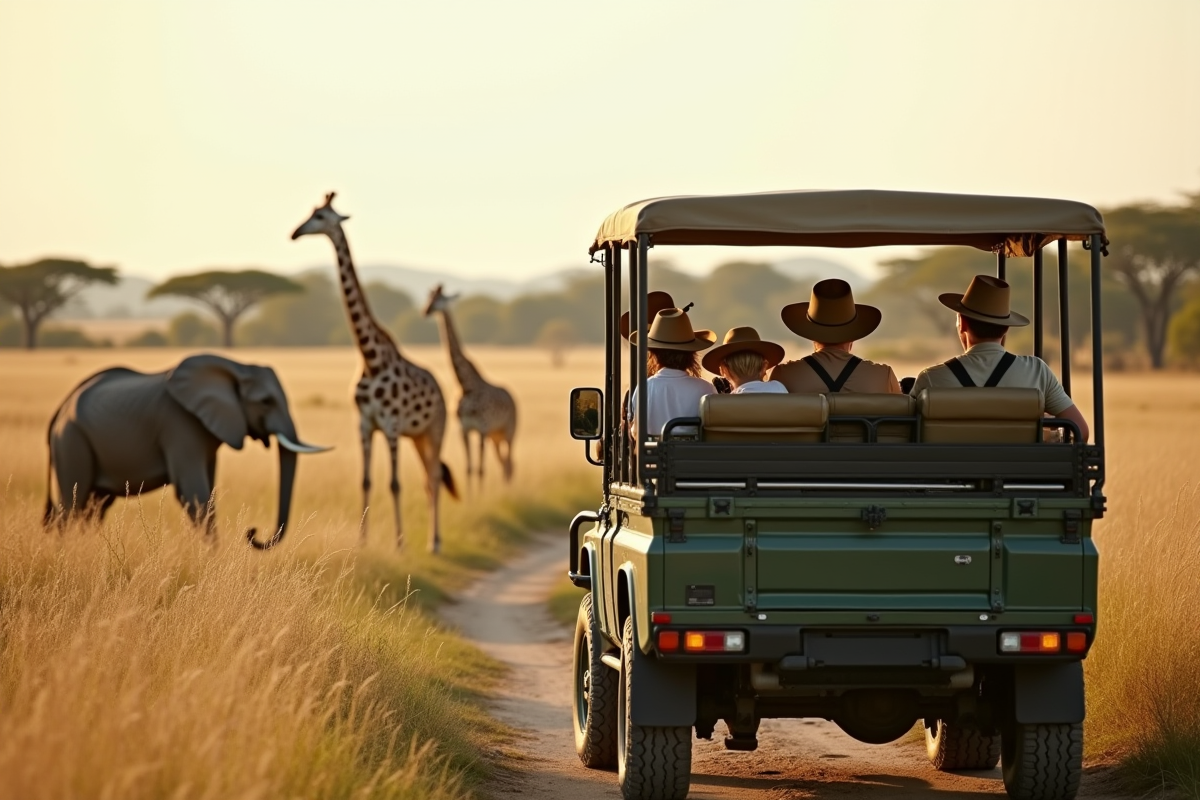 Famille en safari observant des girafes et un éléphant