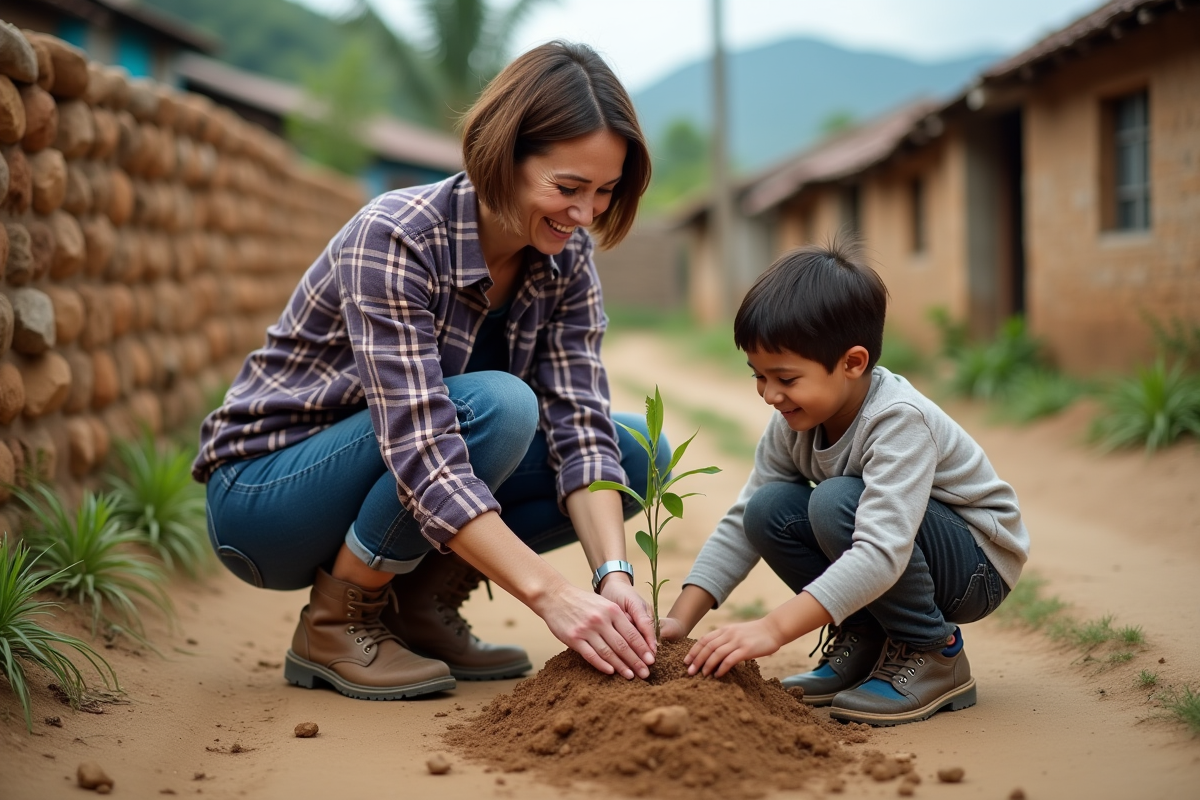 Femme aidant un enfant à planter un arbre