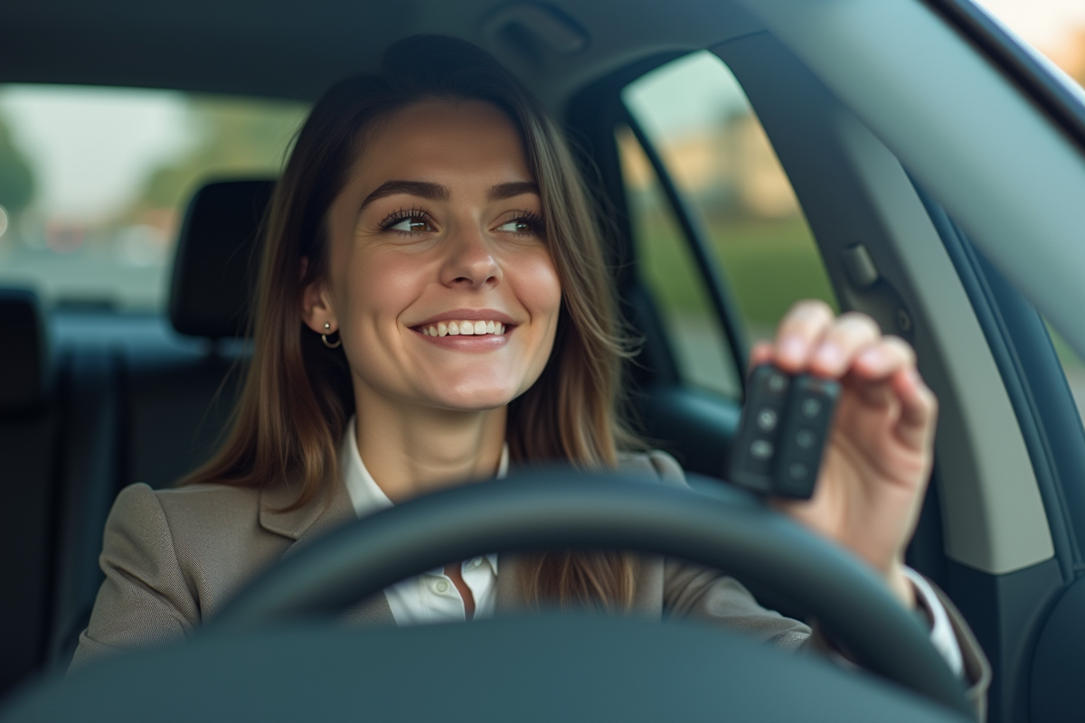 Jeune femme heureuse avec clés dans une voiture neuve