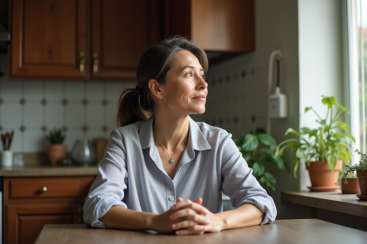 Femme assise à la cuisine en pensant près de la fenêtre