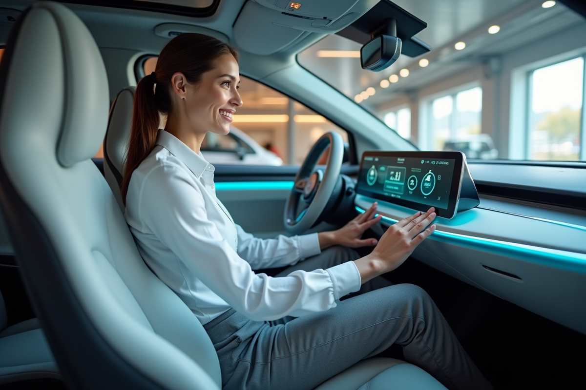 Femme assise dans voiture hydrogene moderne intérieur