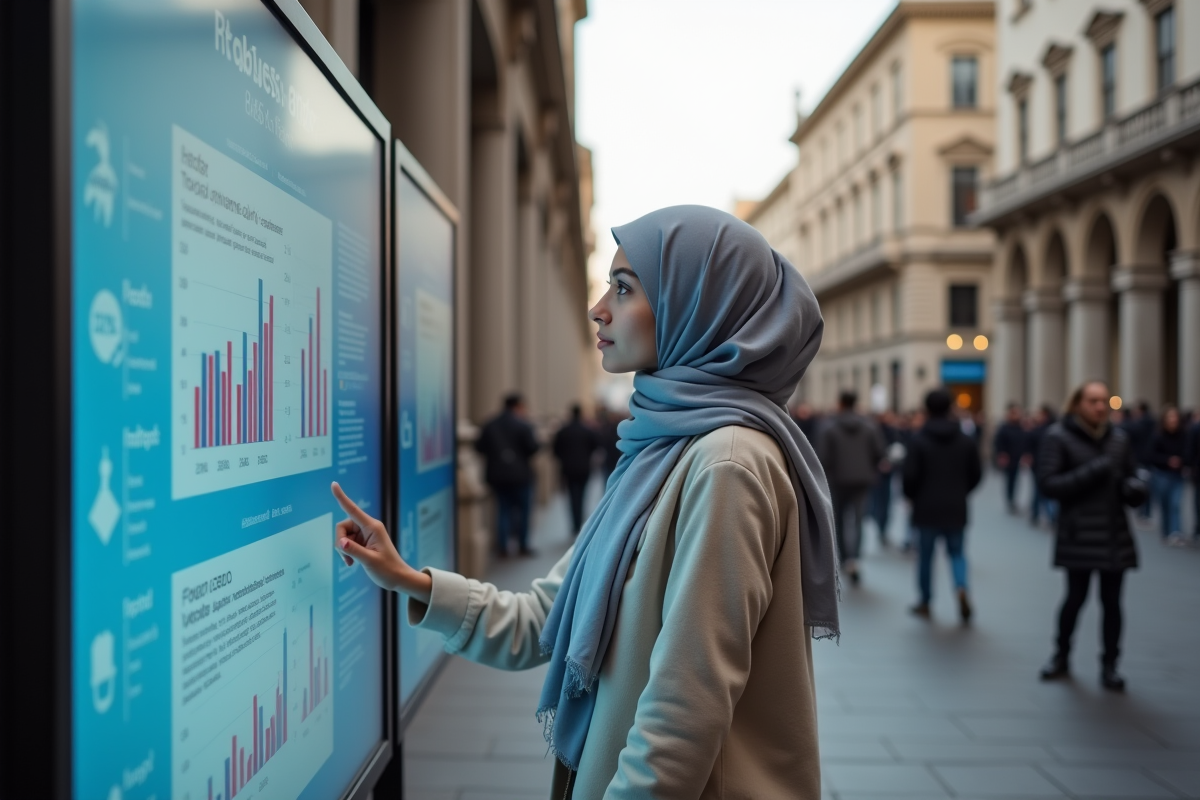 Jeune femme observant un affichage interactif de dépenses publiques