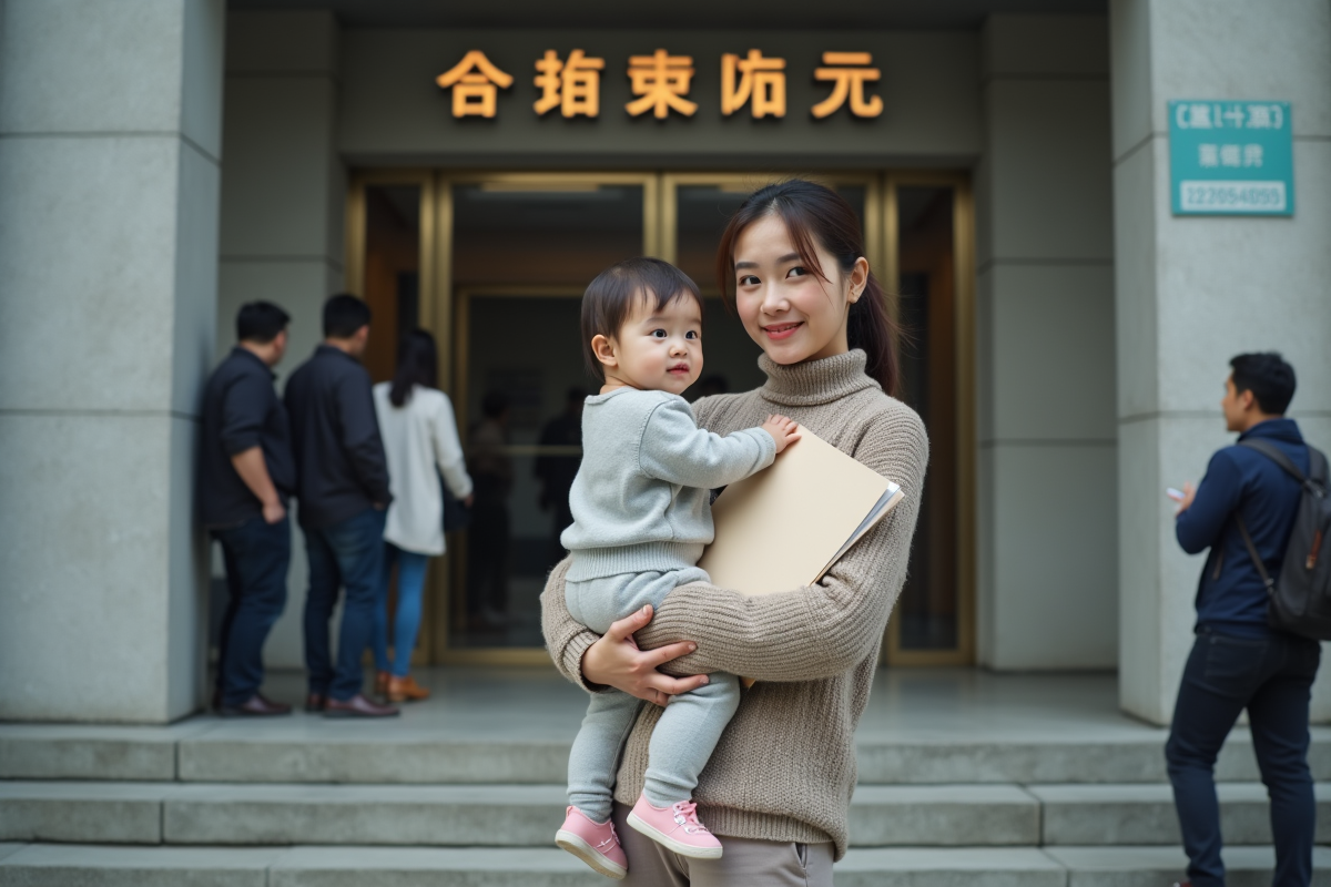 Jeune femme avec enfant devant un bureau d