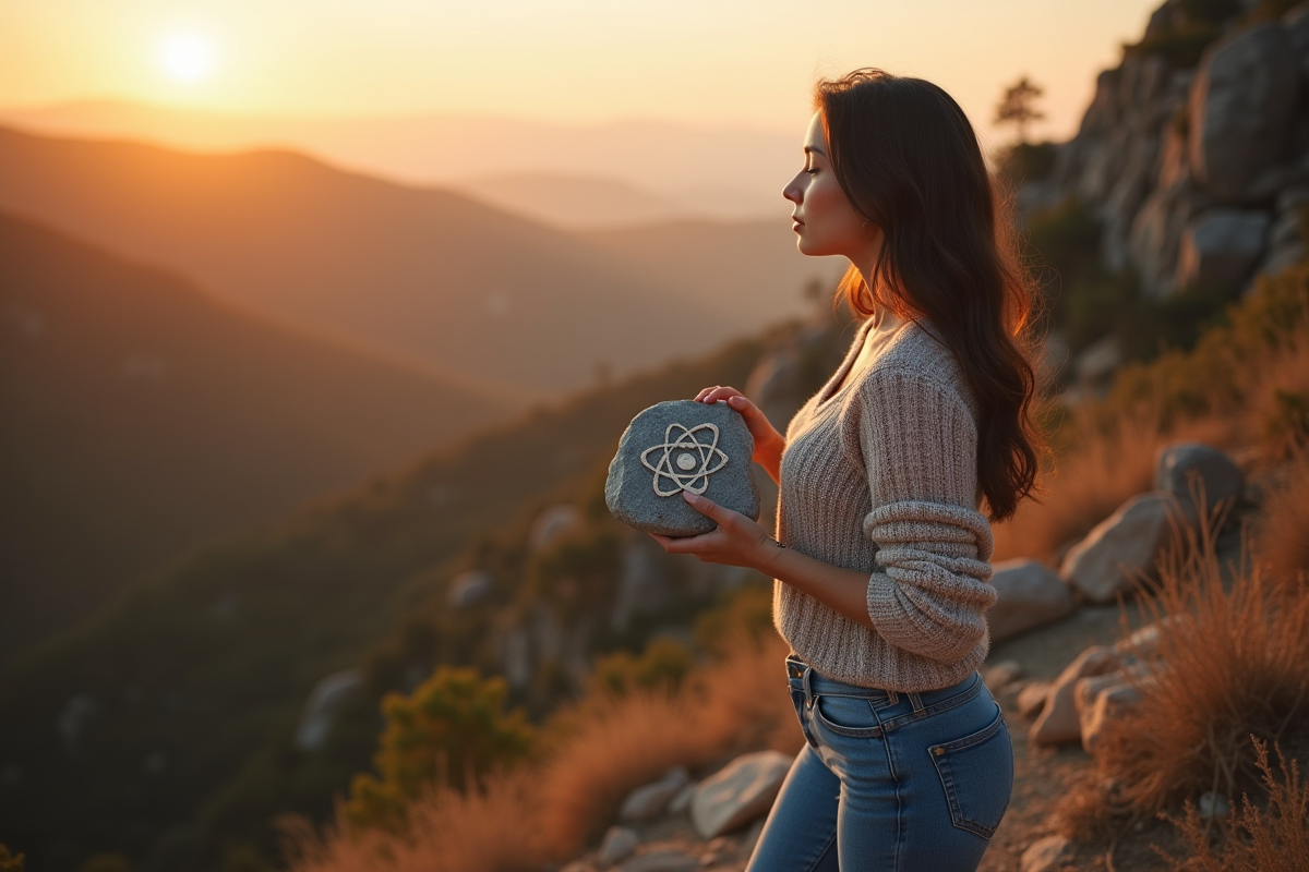 Jeune femme contemplant un symbole atomique au lever du soleil