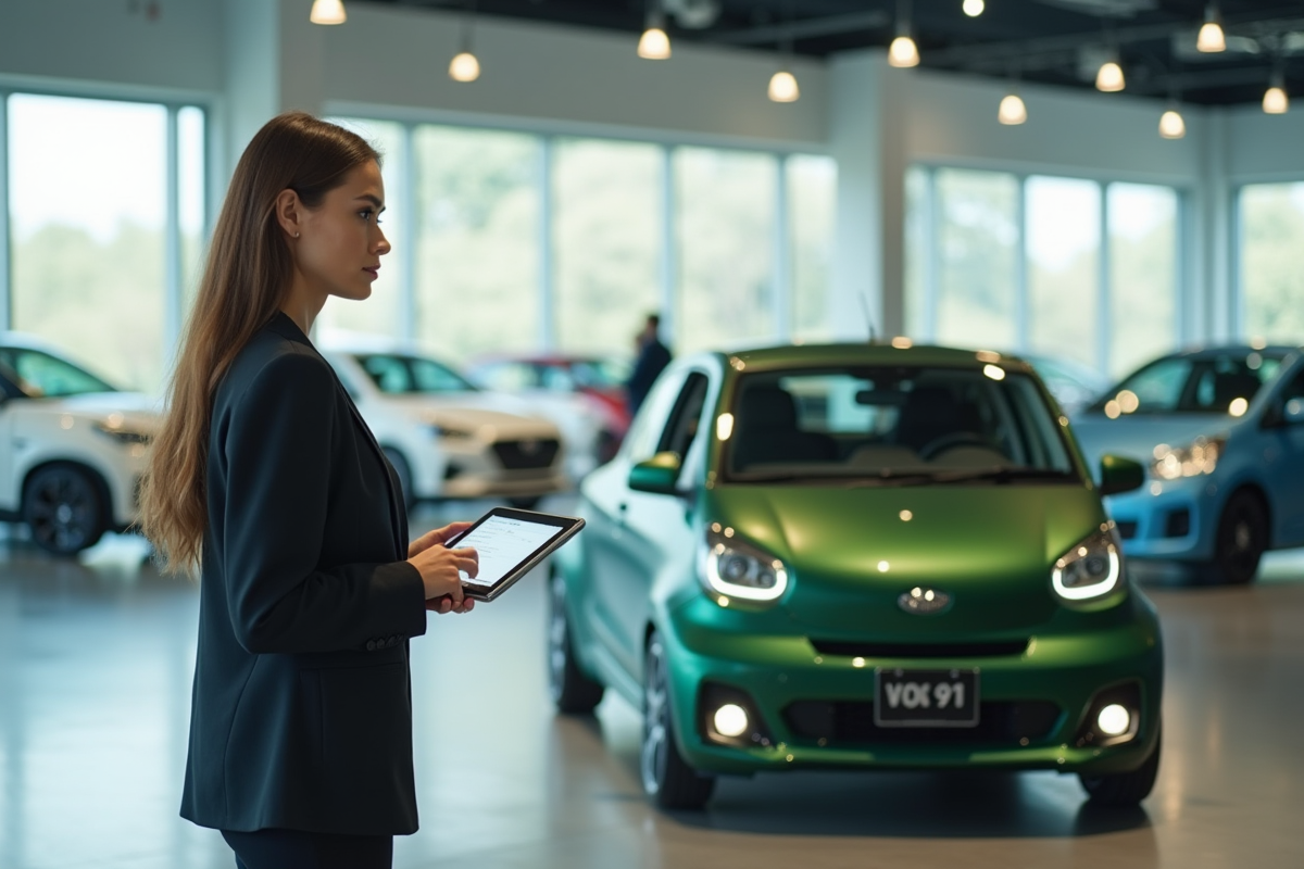 Jeune femme en costume avec une voiture verte dans un showroom