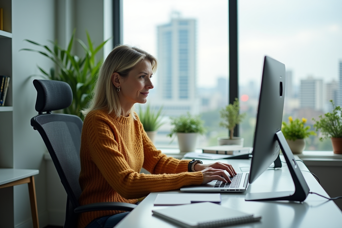 Femme concentrée travaillant sur son ordinateur au bureau