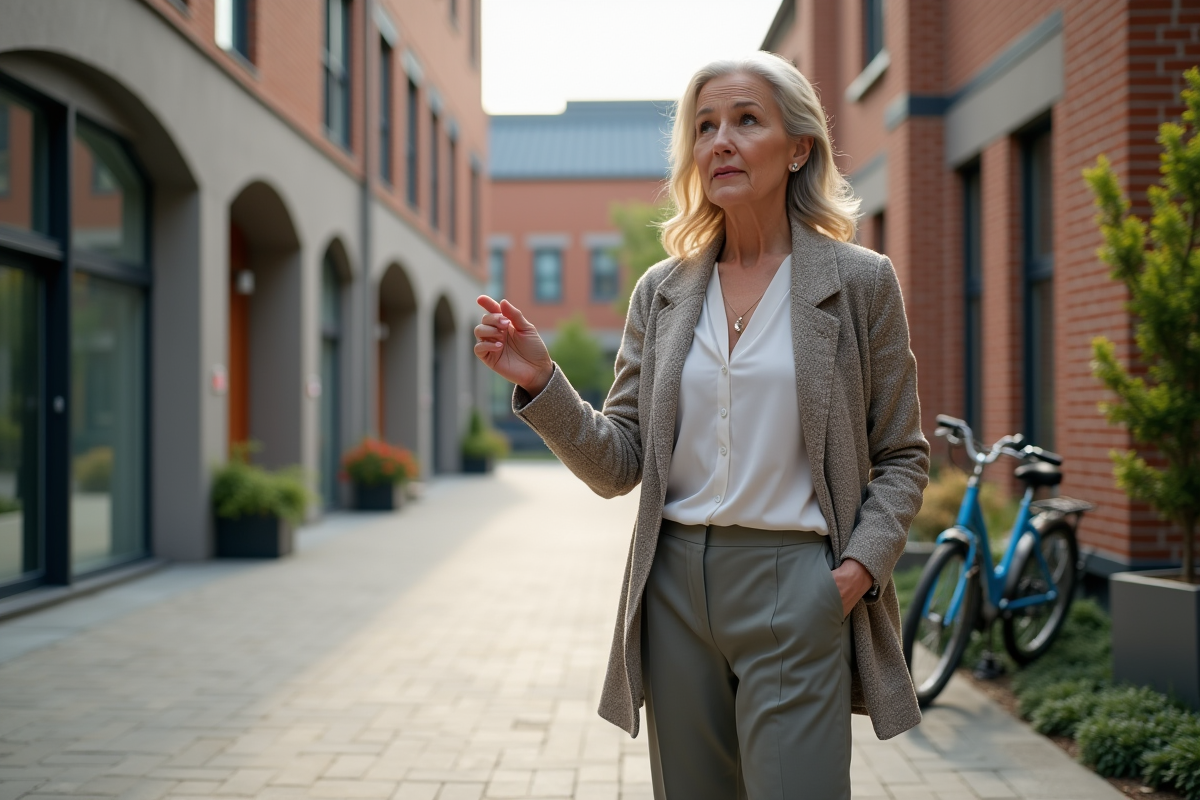 Femme confiante devant un bâtiment urbain rénové