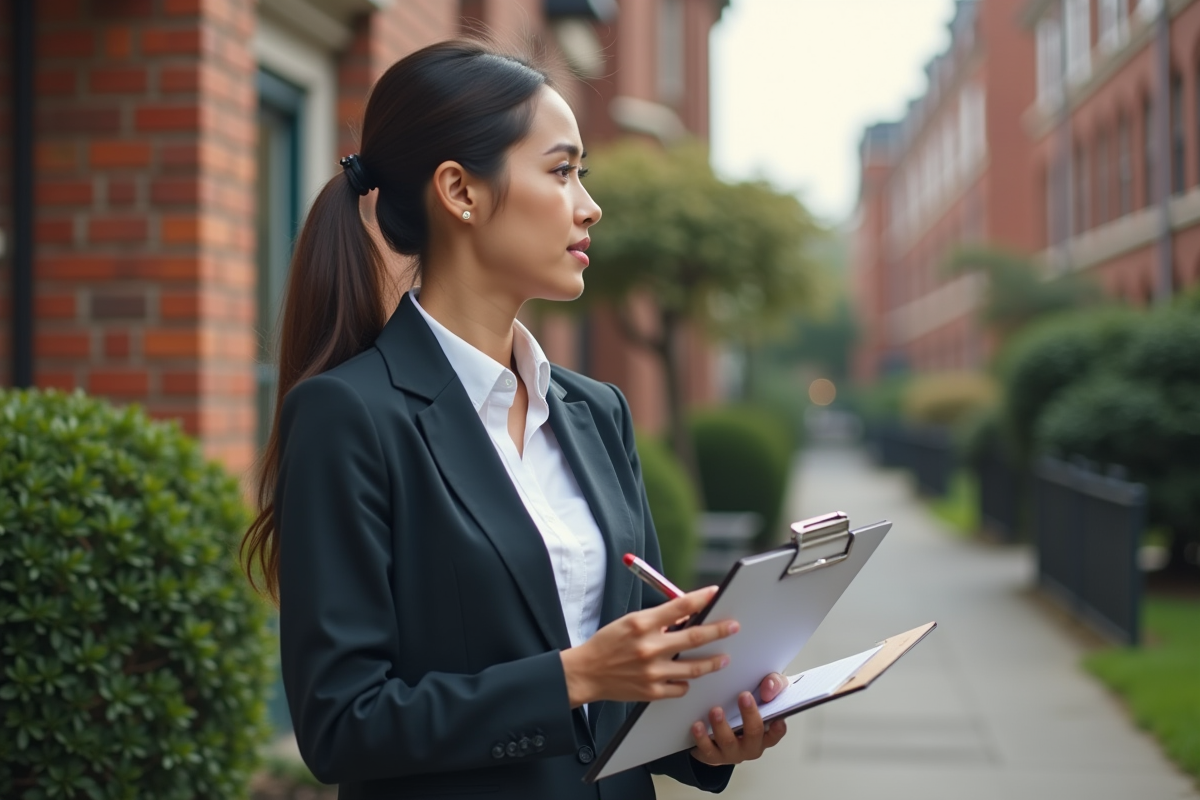 Jeune femme parle avec un propriétaire devant une maison urbaine
