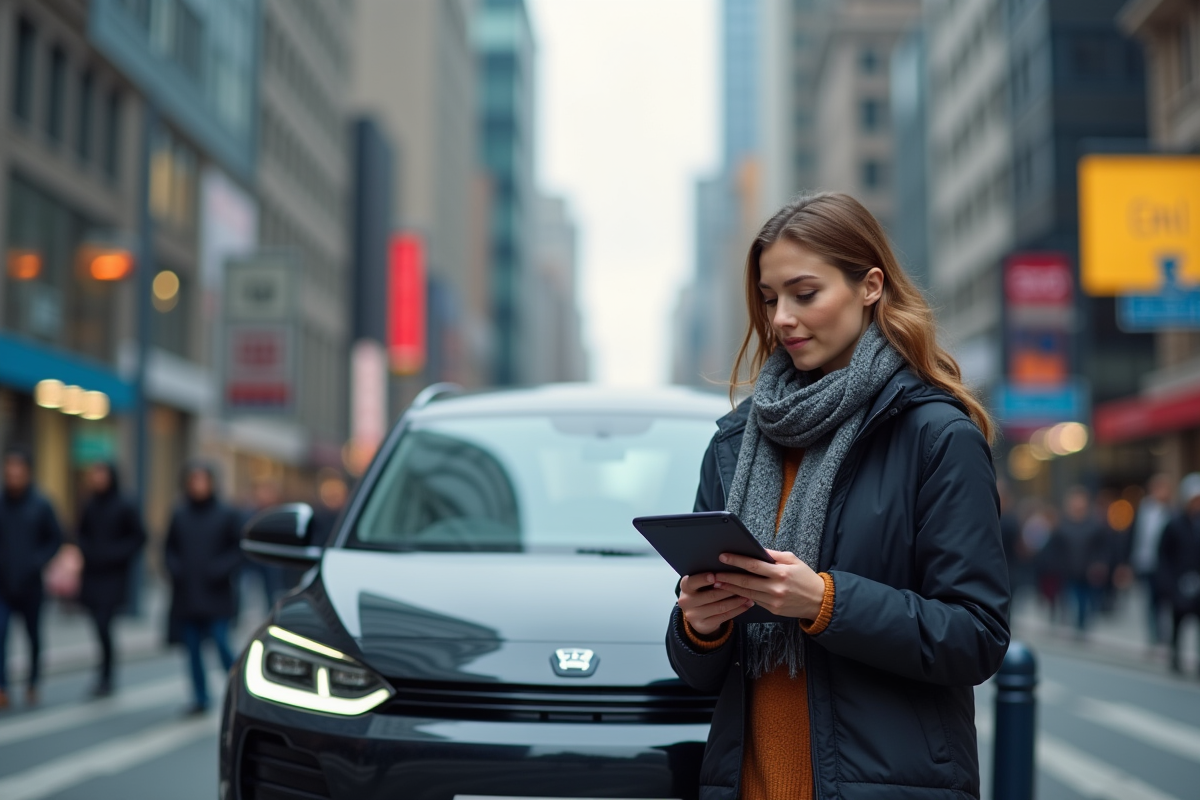 Femme regardant une voiture électrique en ville