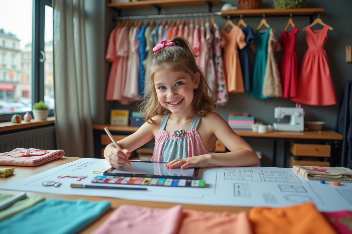 Fille de 7 ans dessinant sur une tablette dans son studio créatif