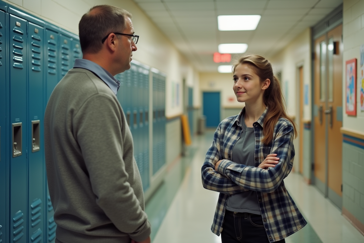 Fille de 16 ans en discussion avec un professeur dans le couloir