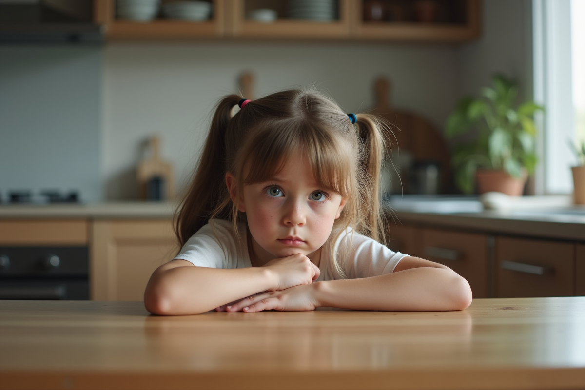 Fille de 12 ans pensant à la maison à la table