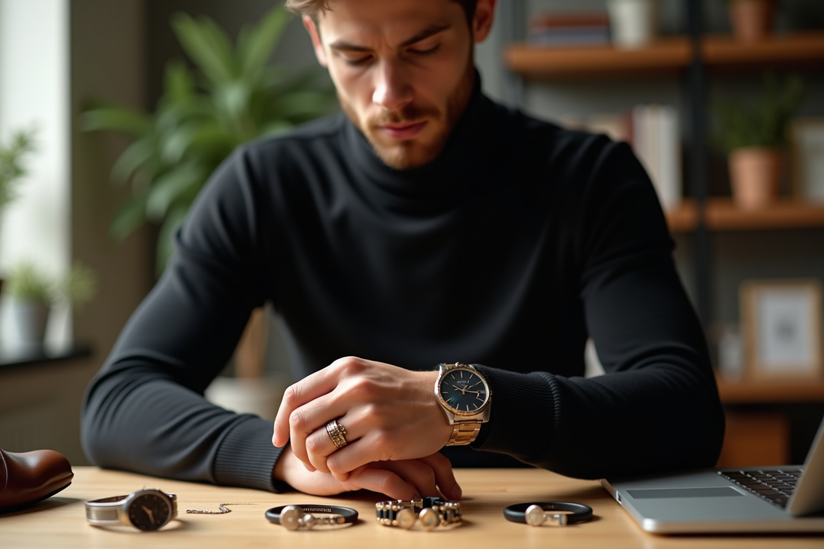 Jeune homme examinant ses bijoux sur un bureau lumineux