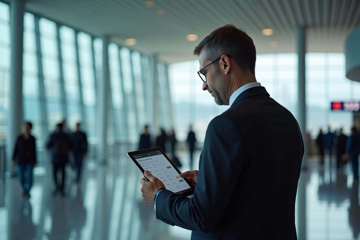 Homme d affaires tenant une tablette dans un terminal aéroport moderne