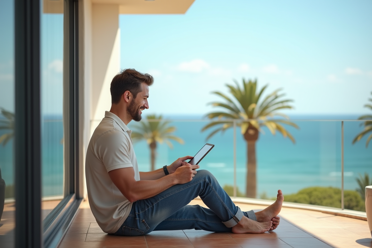 Homme sur un balcon avec vue sur la mer méditerranee