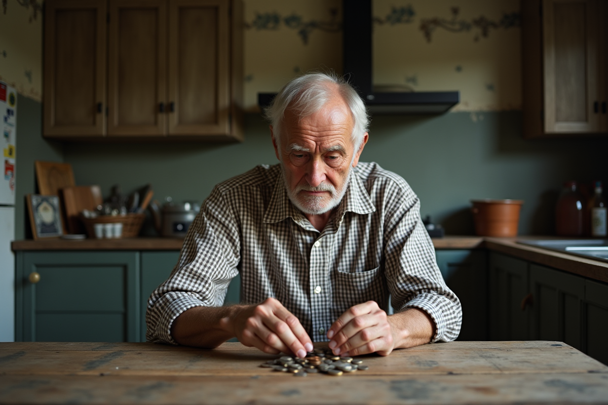 Homme âgé comptant des pièces dans une cuisine modeste