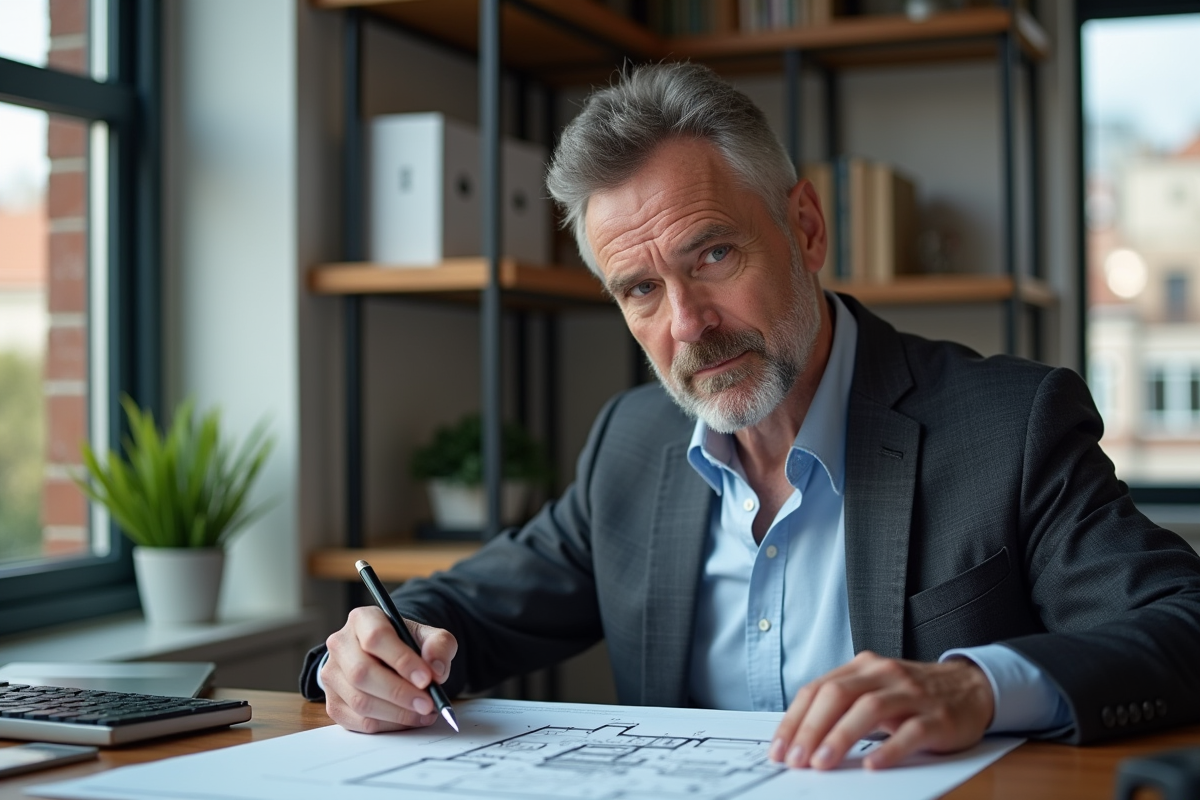 Homme d affaires pointant un plan de renovation