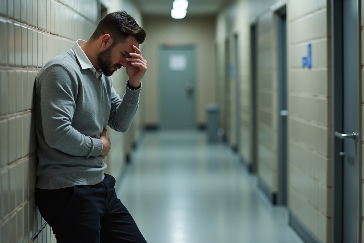 Homme en pause dans un couloir d entreprise