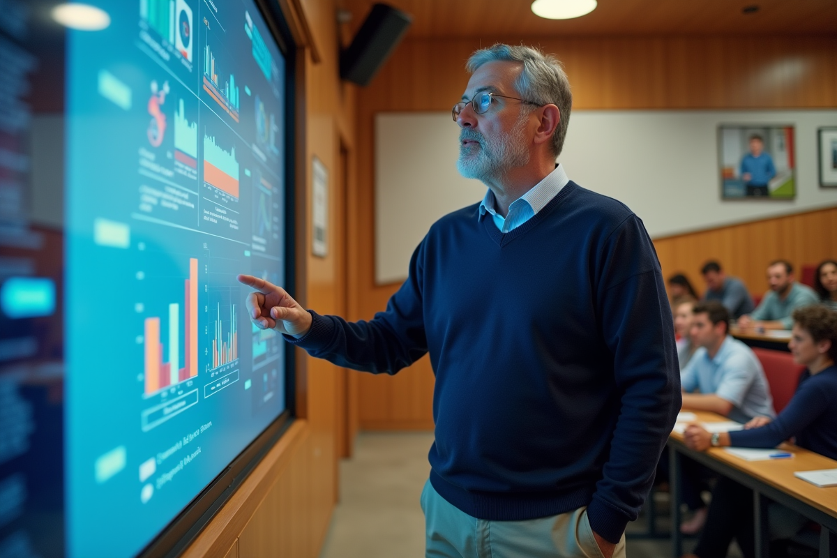 Homme en classe expliquant des graphiques interactifs