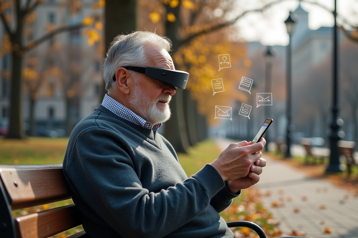 Homme age utilisant lunettes AR dans un parc urbain
