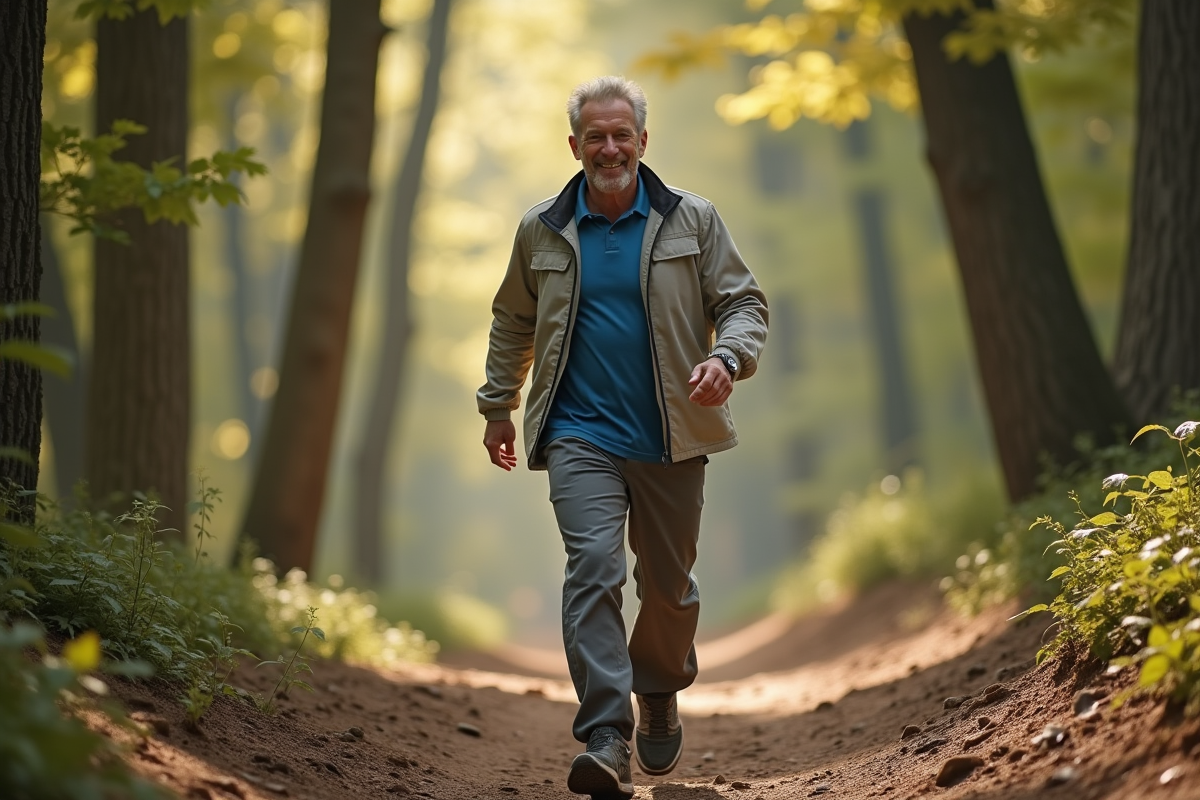 Homme en marche sportive dans la forêt