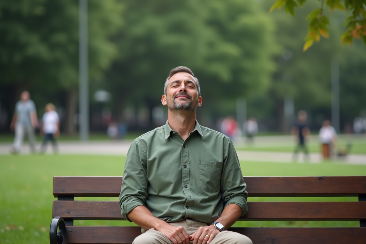 Homme méditant seul sur un banc dans un parc