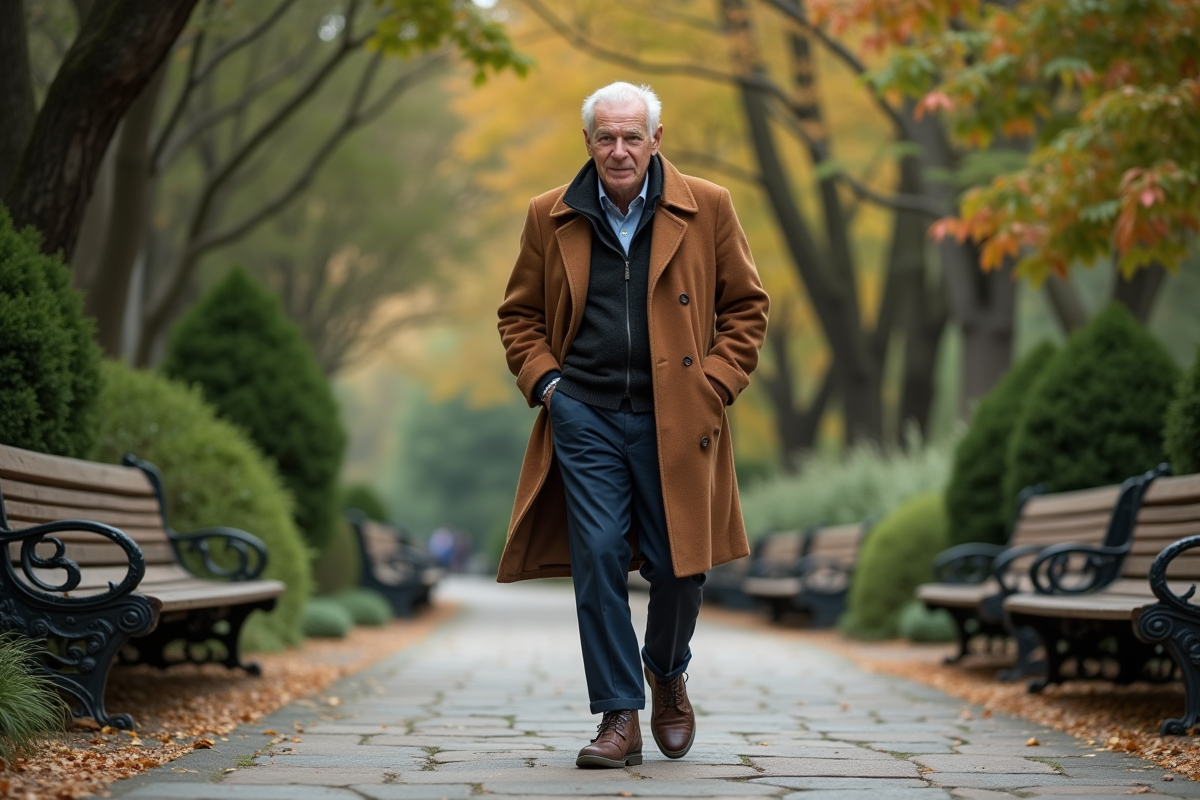 Homme âgé en manteau et sneakers dans un parc calme