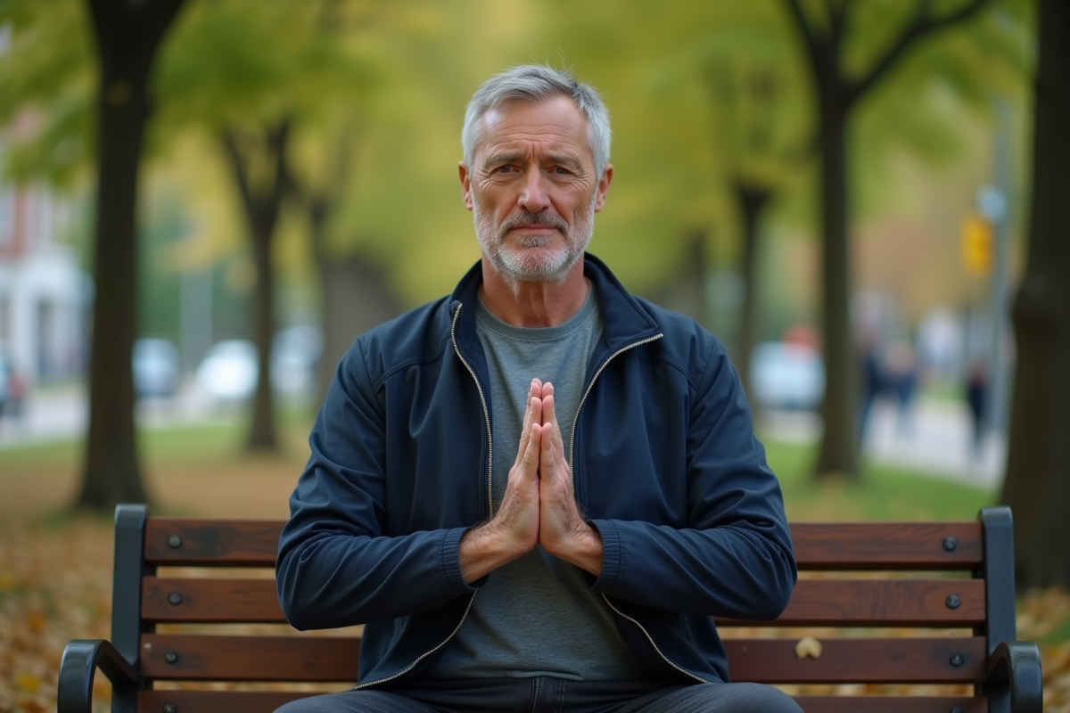 Homme méditant dans un parc avec technique de relaxation