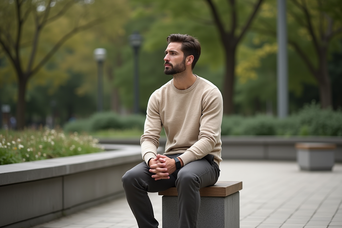 Homme pensif assis dans un parc urbain calme