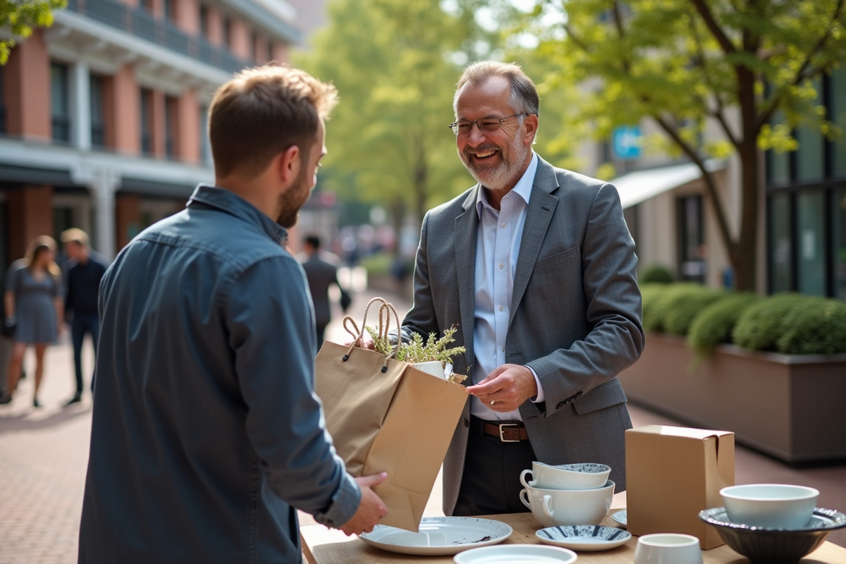 Homme souriant remet un sac de vaisselle reutilisable lors d