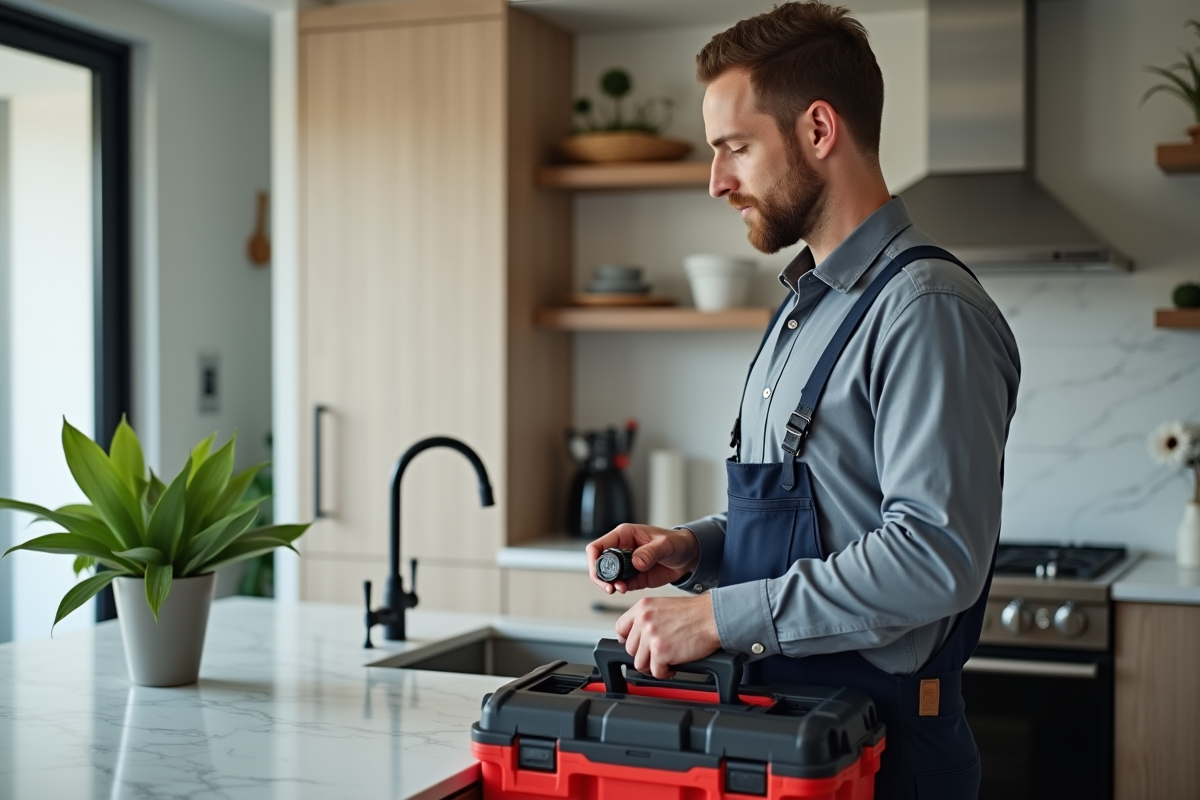 Installateur professionnel câblant un interrupteur intelligent dans une cuisine moderne