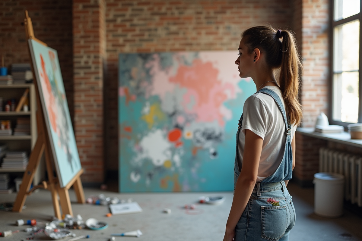Jeune artiste regardant une grande toile abstraite dans son atelier