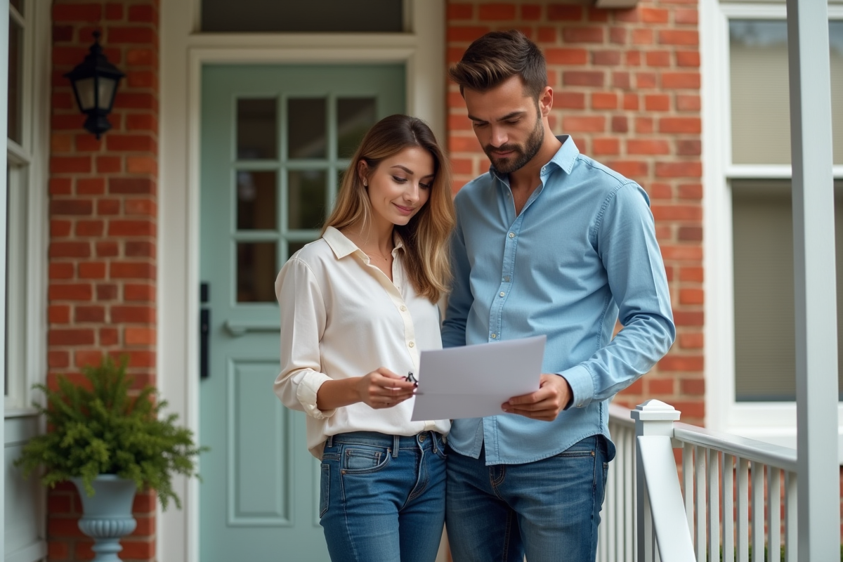 Jeune couple examinant clés devant maison de banlieue