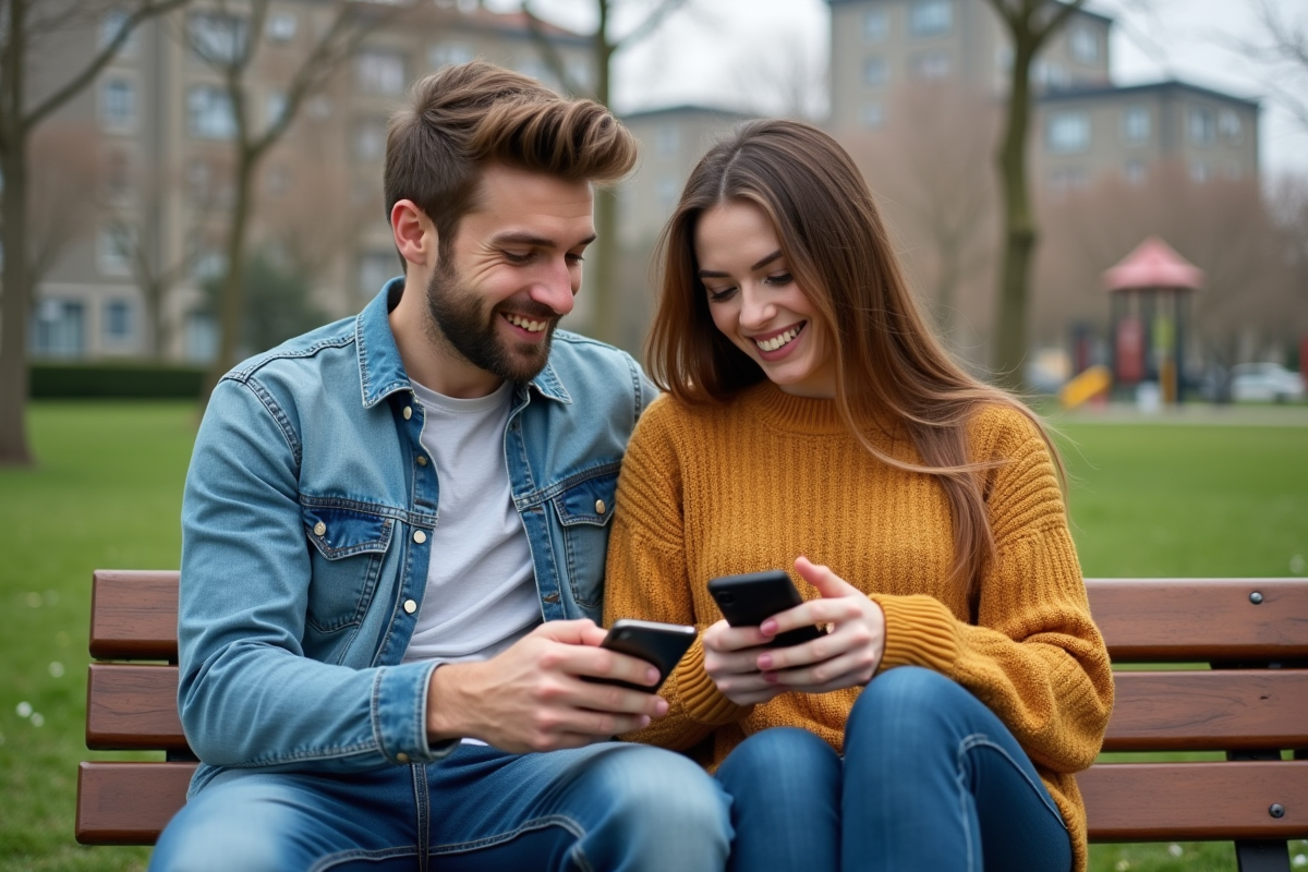 Jeune couple assis sur un banc dans un parc regardant leur téléphone
