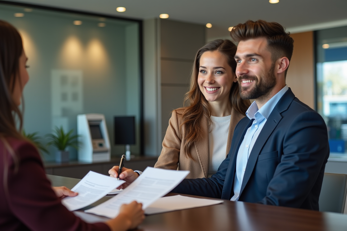 Jeune couple souriant remettant des papiers à un employé bancaire