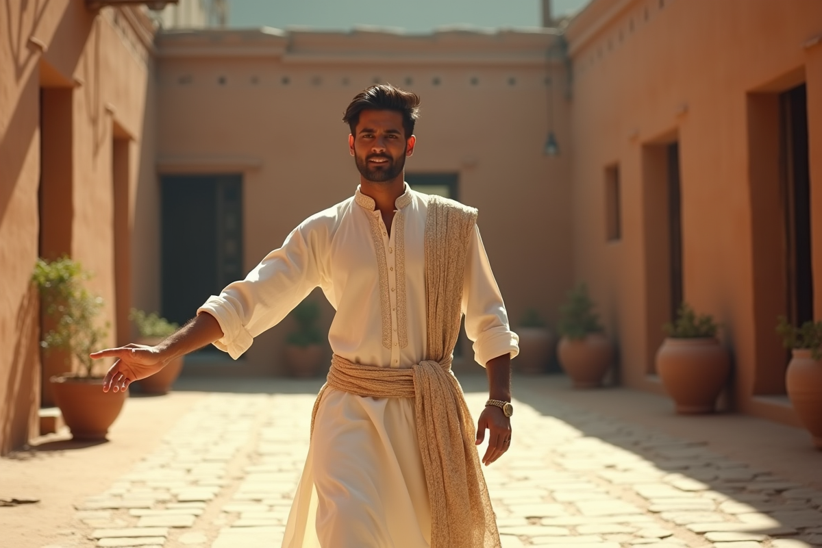 Jeune homme dansant dans une cour de village traditionnelle